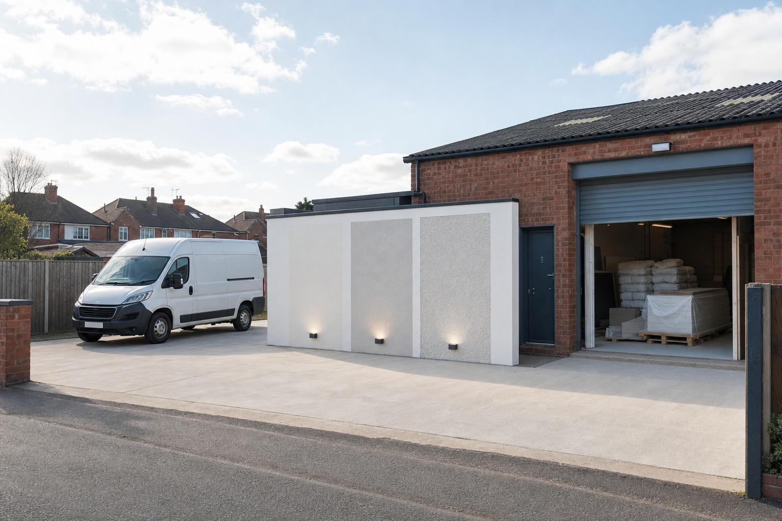 A white van parked in front of a red brick industrial building with open garage revealing pallets inside.