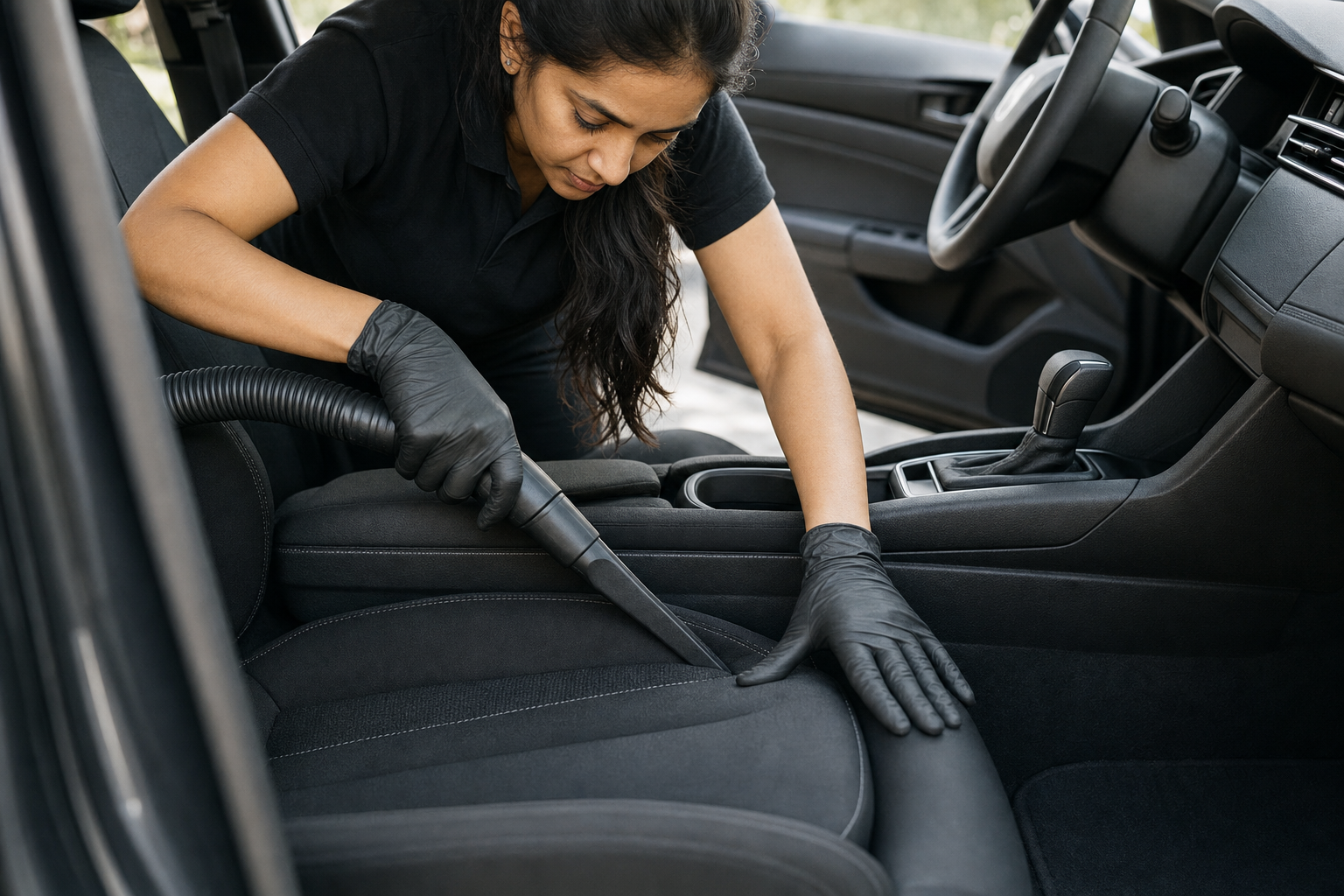 A woman wearing gloves uses a vacuum to clean the seat of a car interior.