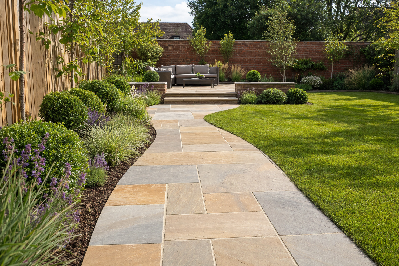 Curved stone path leads through a landscaped garden to a seating area with a sofa and chairs.