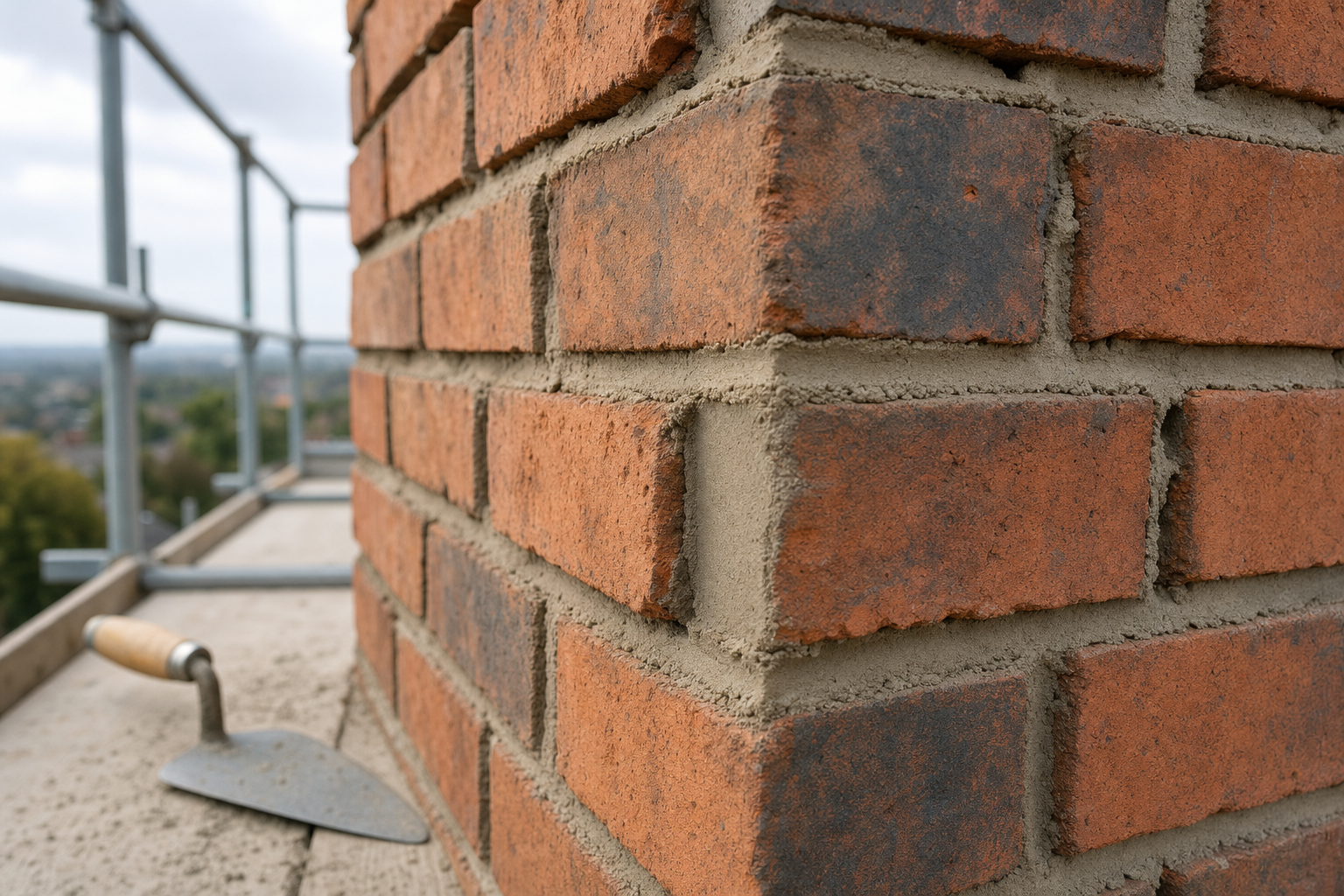 Close-up of a newly built brick wall on scaffolding with a masonry trowel in the foreground.