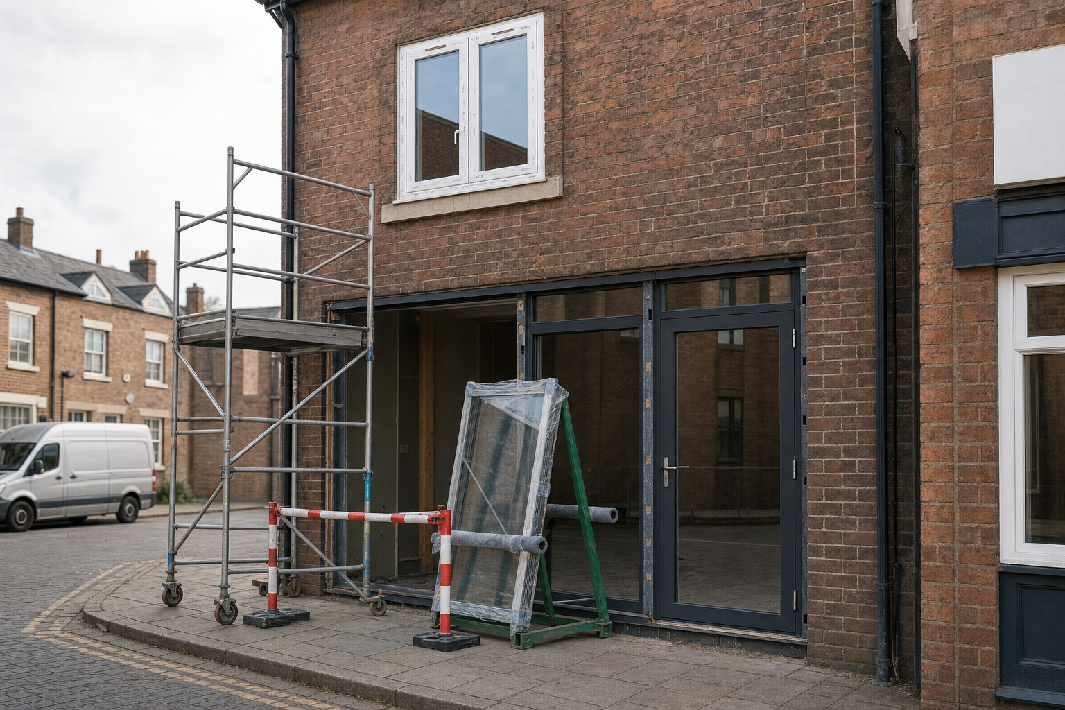 Scaffolding and glass panels outside a brick building under renovation on a street corner with a parked van nearby.