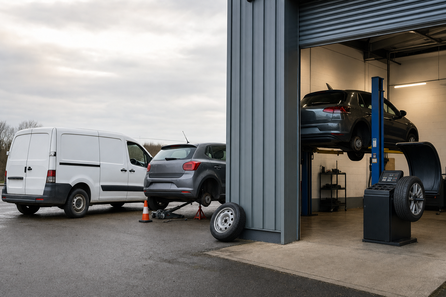 A car repair garage with a van and car on stands outside, and another car raised on a hydraulic lift indoors.