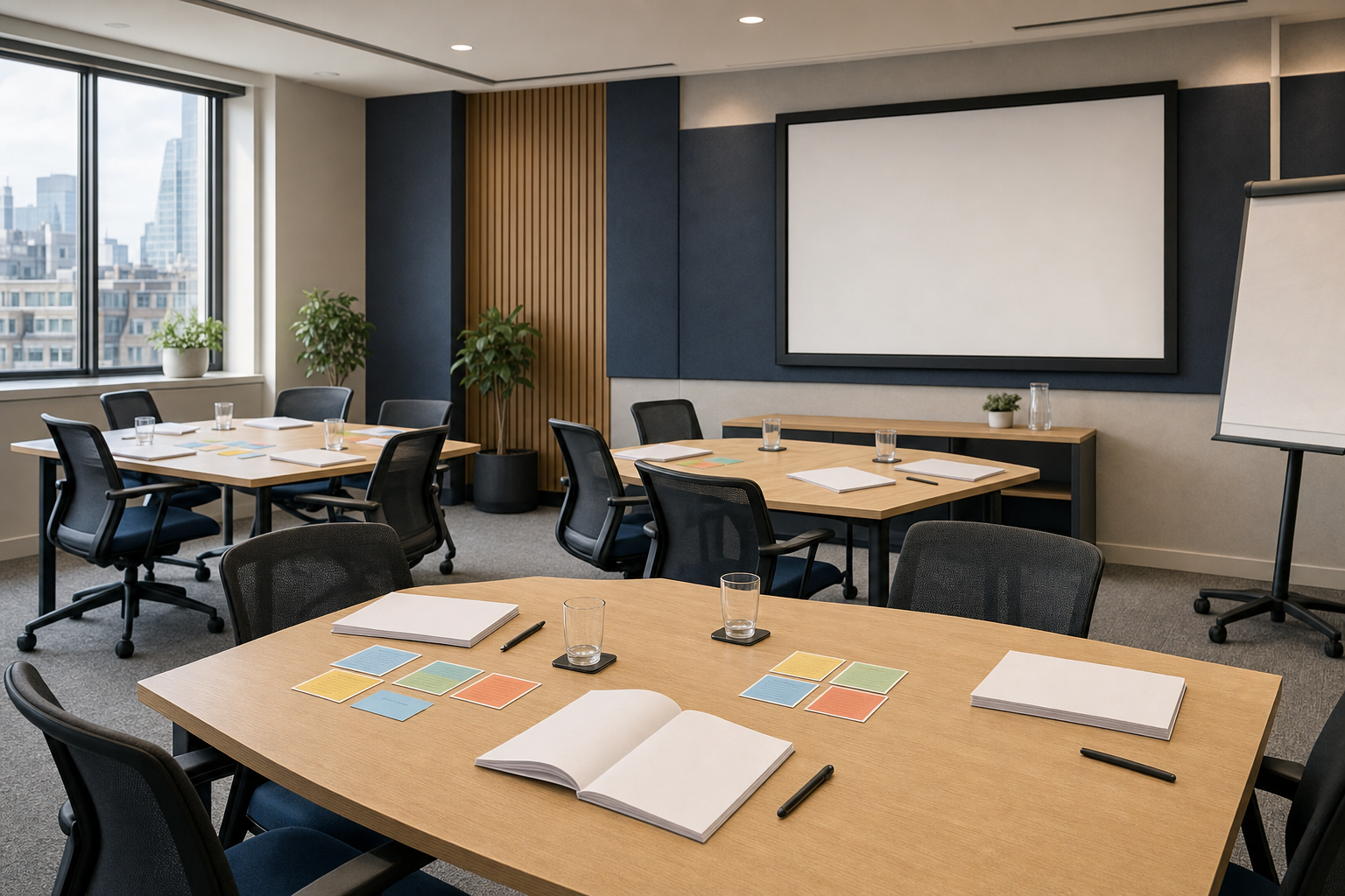 A modern conference room with tables set for a meeting, featuring notebooks, pens, and colourful sticky notes.