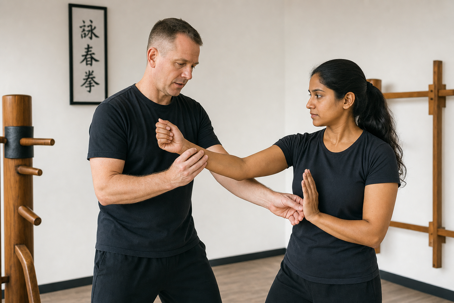 Two people practising Wing Chun martial arts in a dojo, focusing on defensive techniques.
