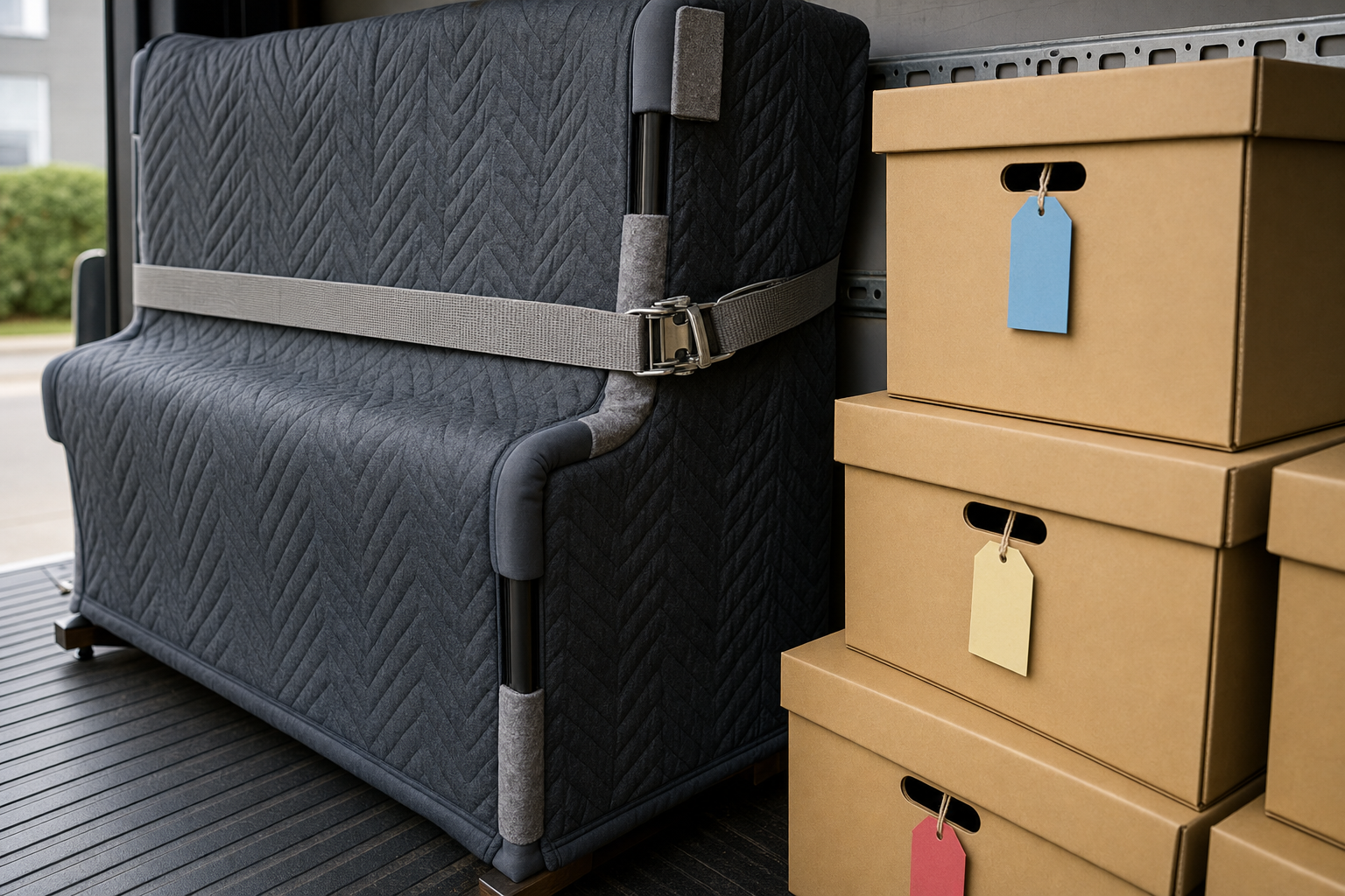 A padded sofa is secured with a strap next to stacked cardboard boxes with colourful tags in a moving van.