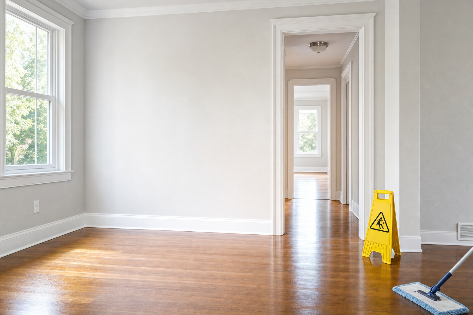 A clean, empty room with hardwood flooring, a mop, and a yellow caution sign near a bright window.