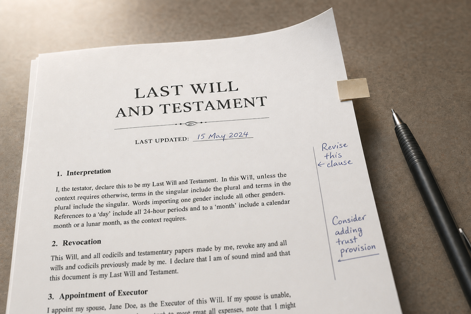 Last will and testament document with handwritten notes suggesting revisions, dated 15 May 2024, beside a black pen.