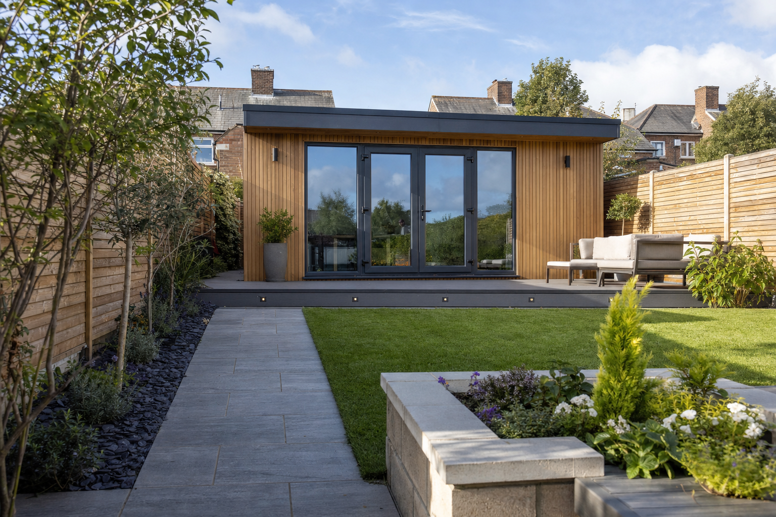 Modern garden room with wooden cladding and glass doors, surrounded by a landscaped garden and patio.