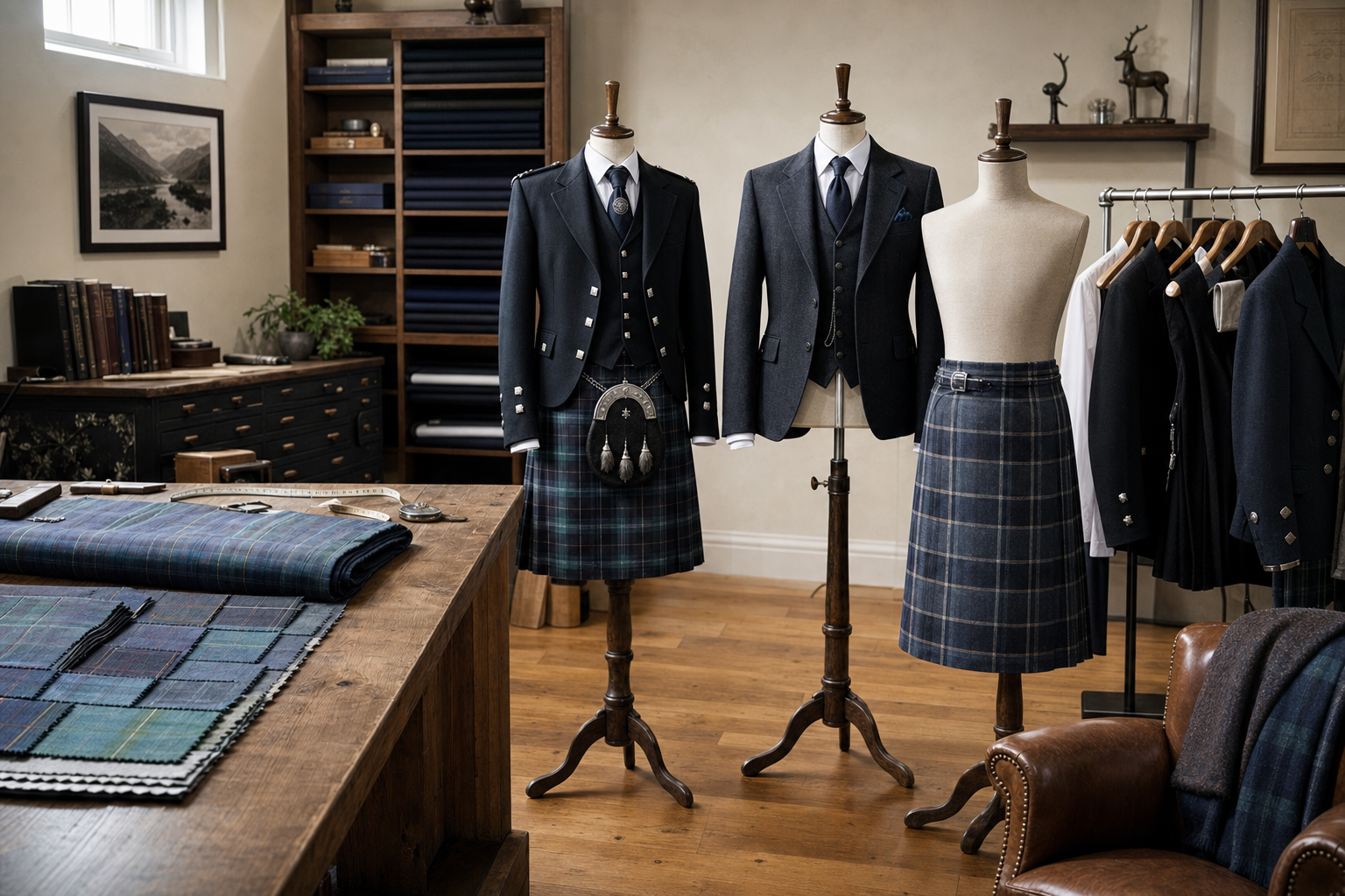 Mannequins displaying traditional Scottish attire in a tailored shop setting with various fabric samples.