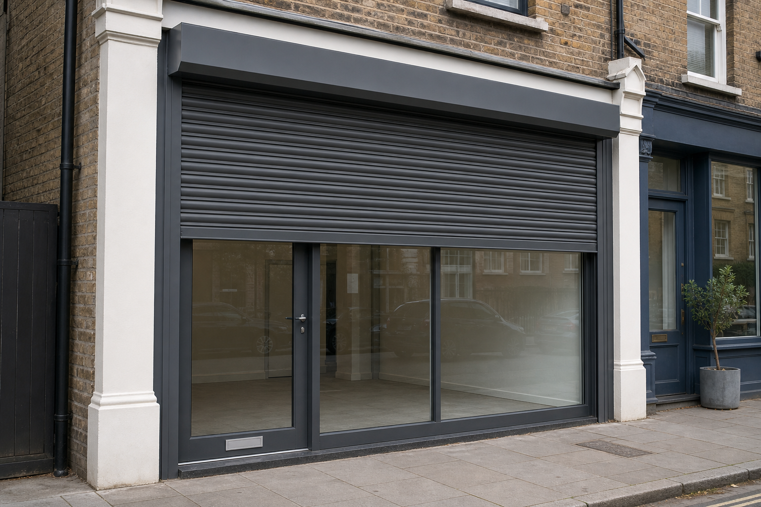 Closed shopfront with dark gray shutters and large glass windows.
