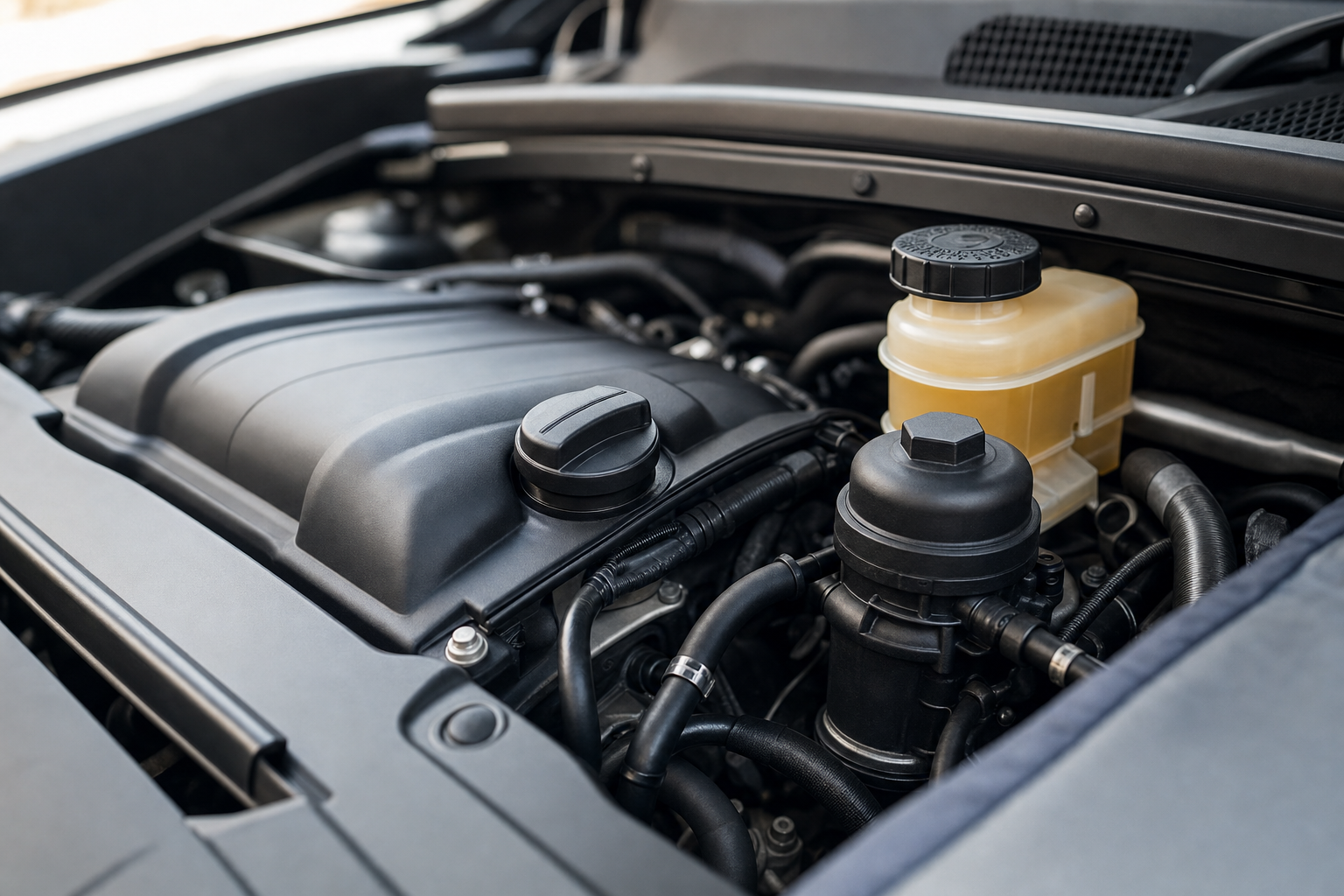 Close-up view of a car engine with visible components and fluid reservoirs.