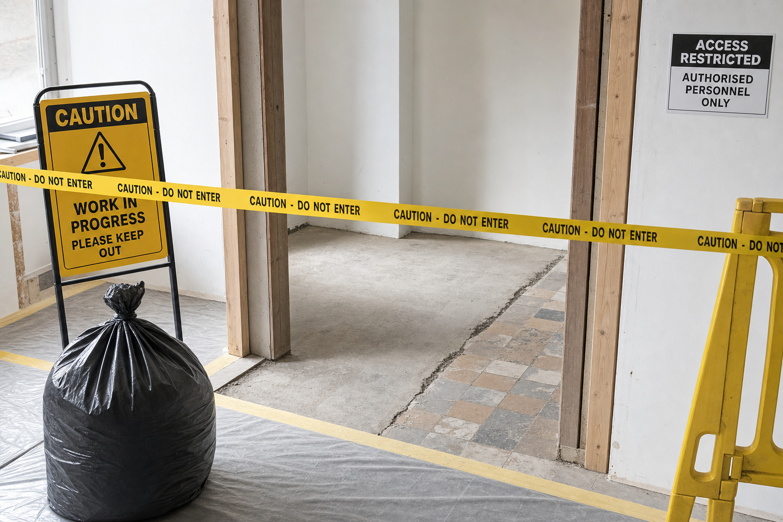 A construction area cordoned off with yellow "Caution: Do Not Enter" tape and a "Work in Progress" sign.