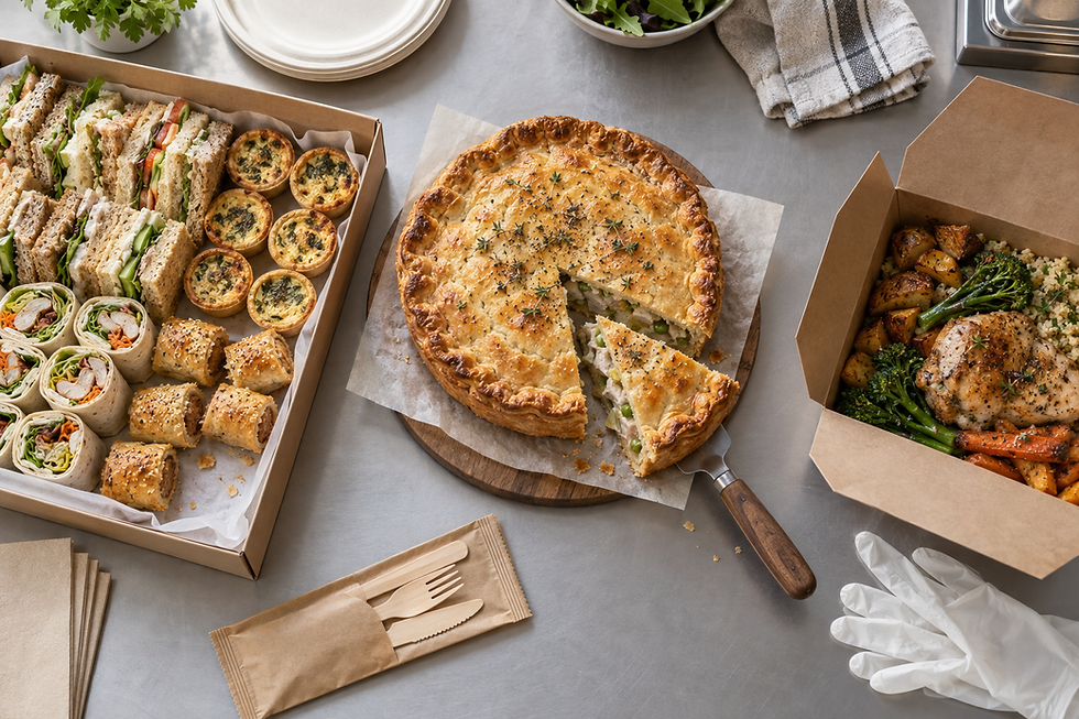 A spread of assorted sandwiches, quiches, a large pie, and a box of roasted chicken with vegetables on a table.