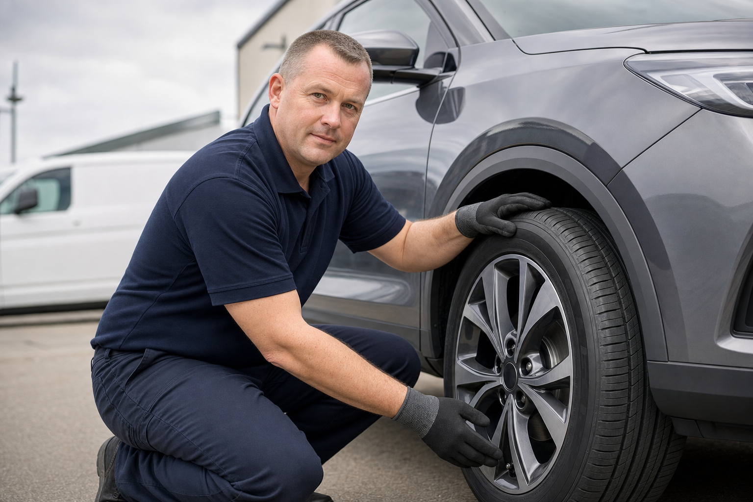 Mechanic inspecting a car tyre while crouching beside the vehicle in a workshop setting.