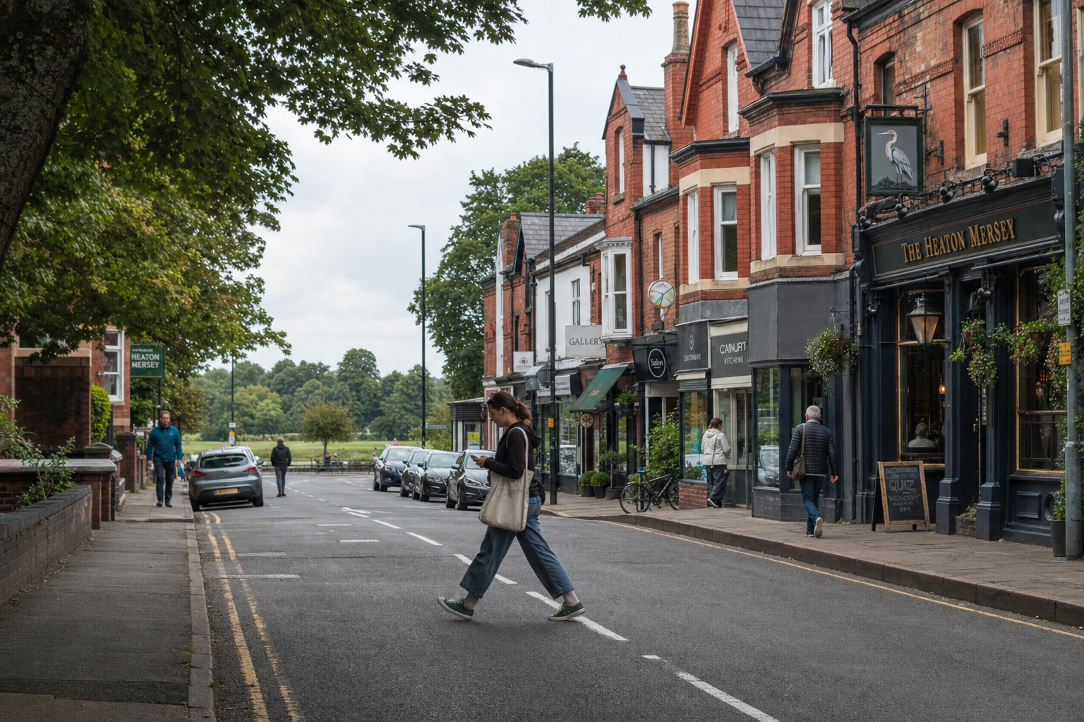 Person crossing a quiet street lined with red-brick shops and trees in a suburban area.