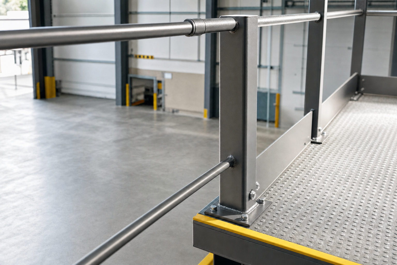 Metal safety railing with yellow edge markings on an elevated platform in an industrial warehouse.