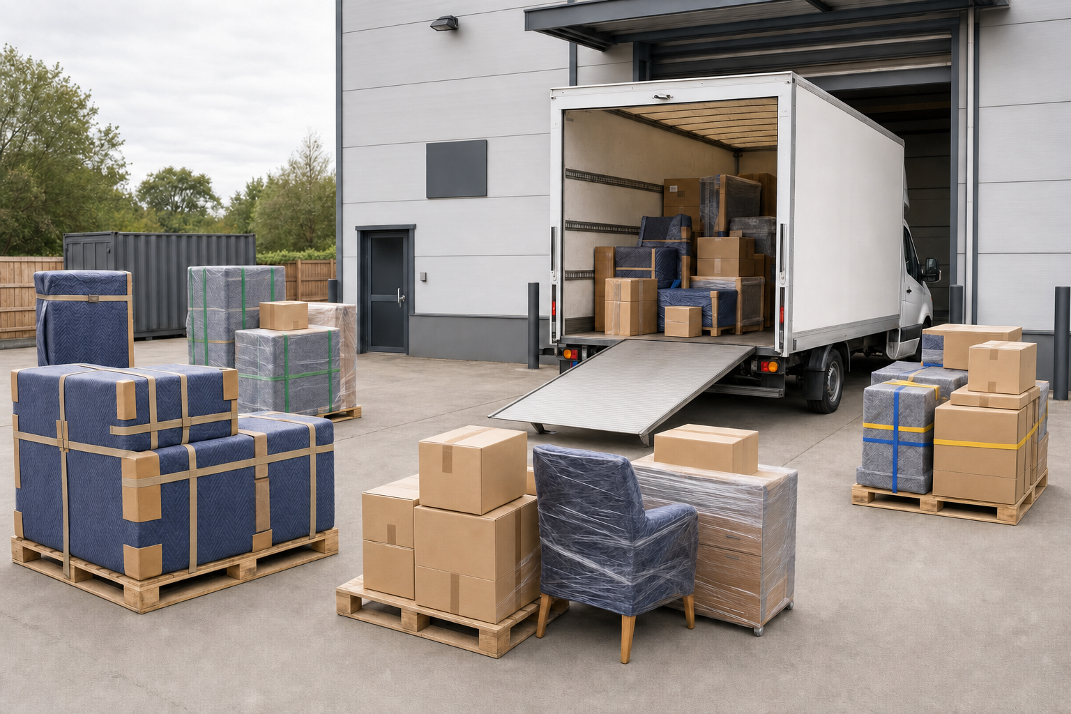 A lorry is being loaded with furniture and boxes wrapped in protective material on pallets in an industrial area.