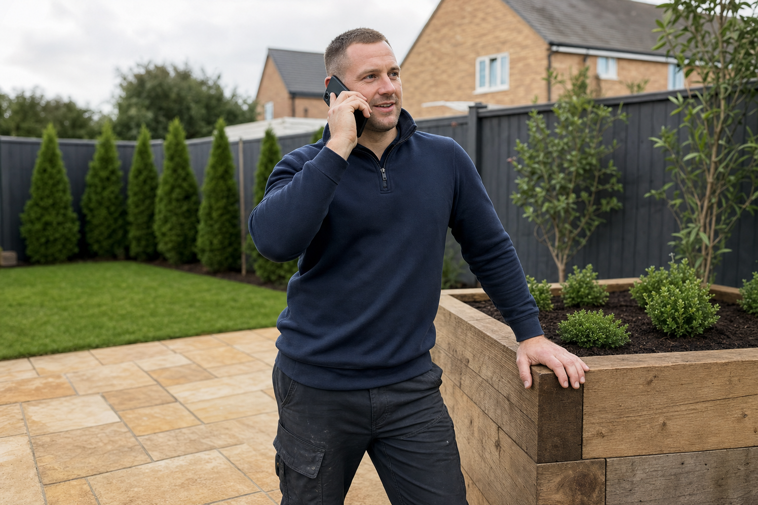 Man in a garden talking on a mobile phone, standing next to a wooden planter with shrubs.