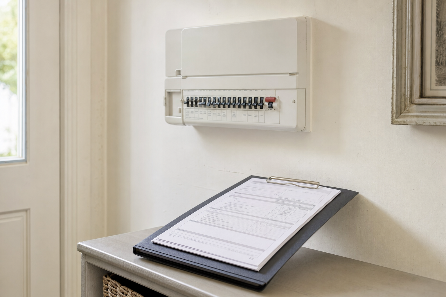Electrical fuse box on a wall with documents on a clipboard resting on a nearby table.