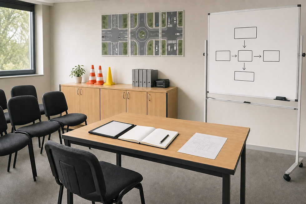 A classroom set up for traffic education with whiteboard, chairs, and road sign models on a cabinet.