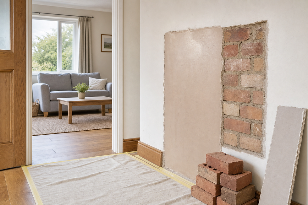 Interior with an exposed brick wall section being repaired, adjacent to a cosy living room with a sofa and coffee table.