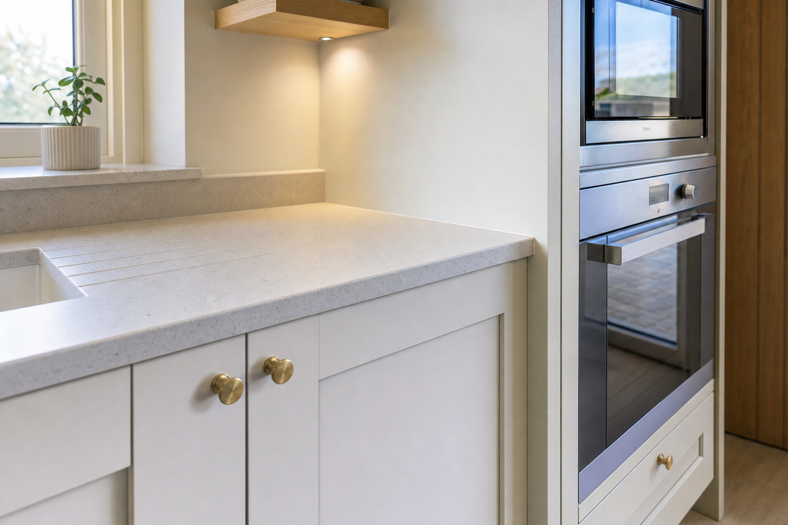 Modern kitchen corner featuring white cabinets, integrated stainless steel oven, and bright countertop lighting.