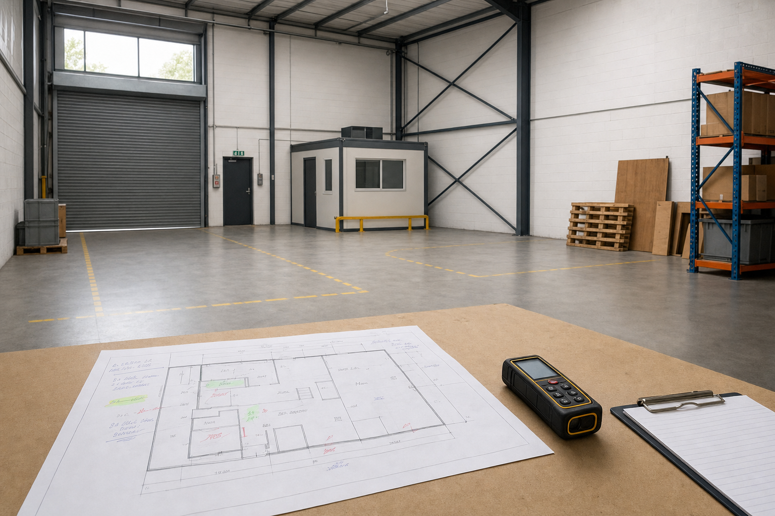 An empty warehouse with a small office, planning documents, and a laser measure on a table in the foreground.