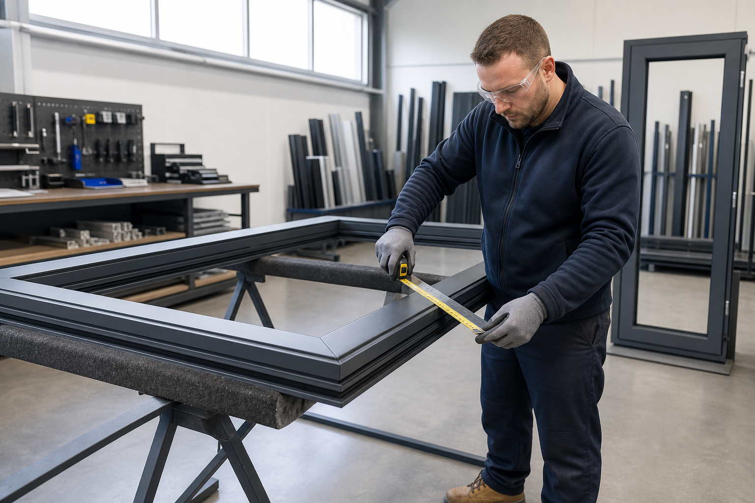 Worker measuring a window frame in a workshop environment.