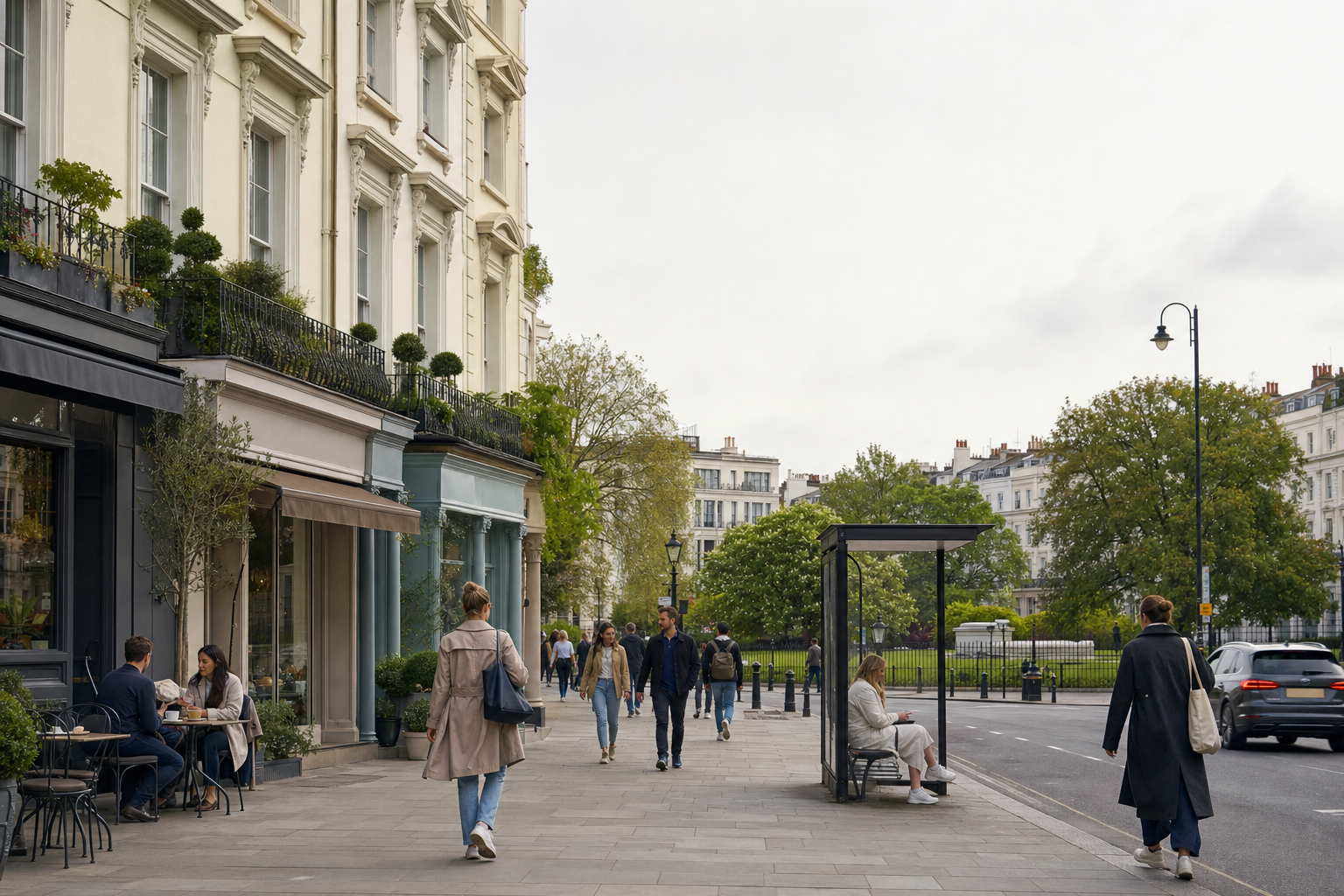 Street scene with people walking, seated at a café, and a woman waiting at a bus stop in an urban environment.