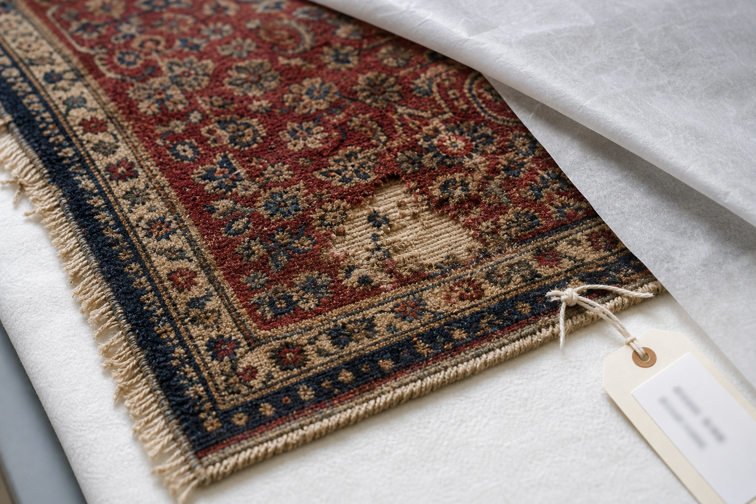 Close-up of an intricately patterned, worn Persian carpet partially covered with white paper, with a label attached.