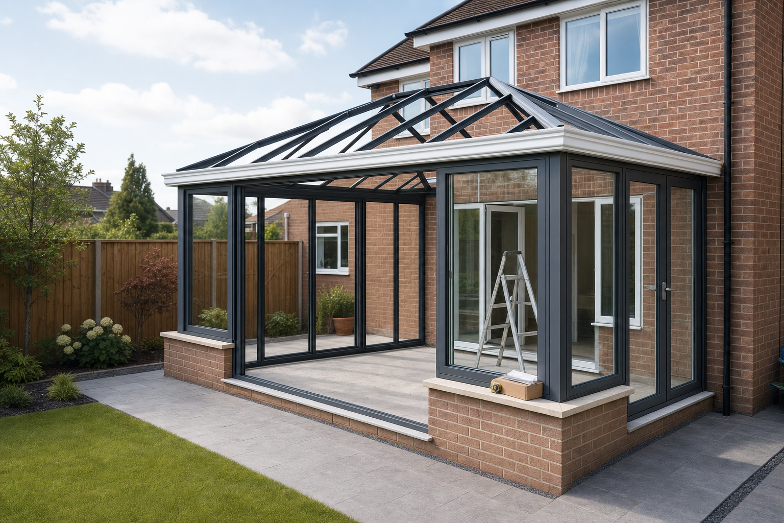 A newly constructed glass conservatory attached to a brick house, with a stepladder and tools visible inside.