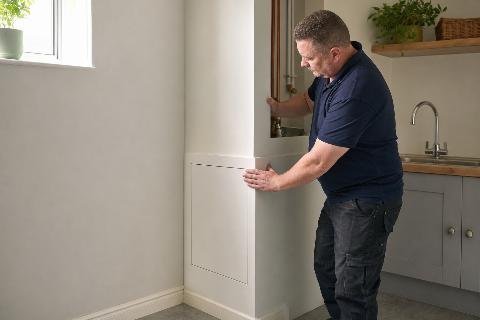 A man in a blue polo shirt fits a white panel to cover exposed pipes in a modern kitchen.
