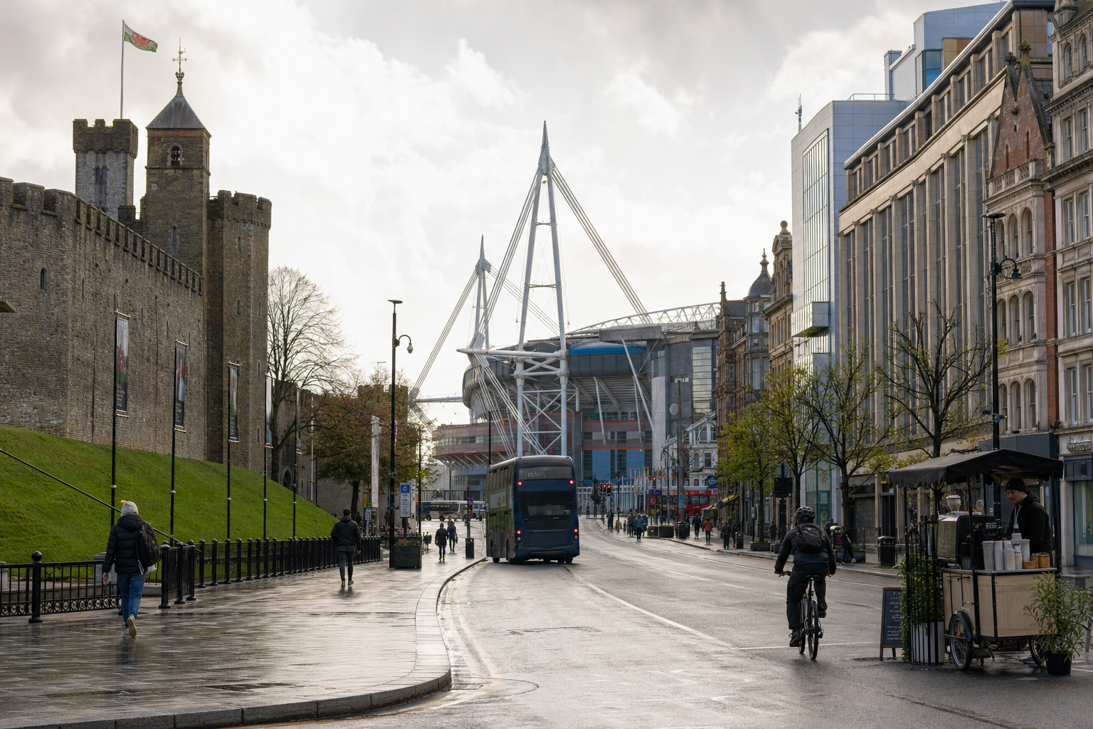 Street scene in Cardiff with Cardiff Castle, the Principality Stadium, and a cyclist beside a mobile coffee cart.