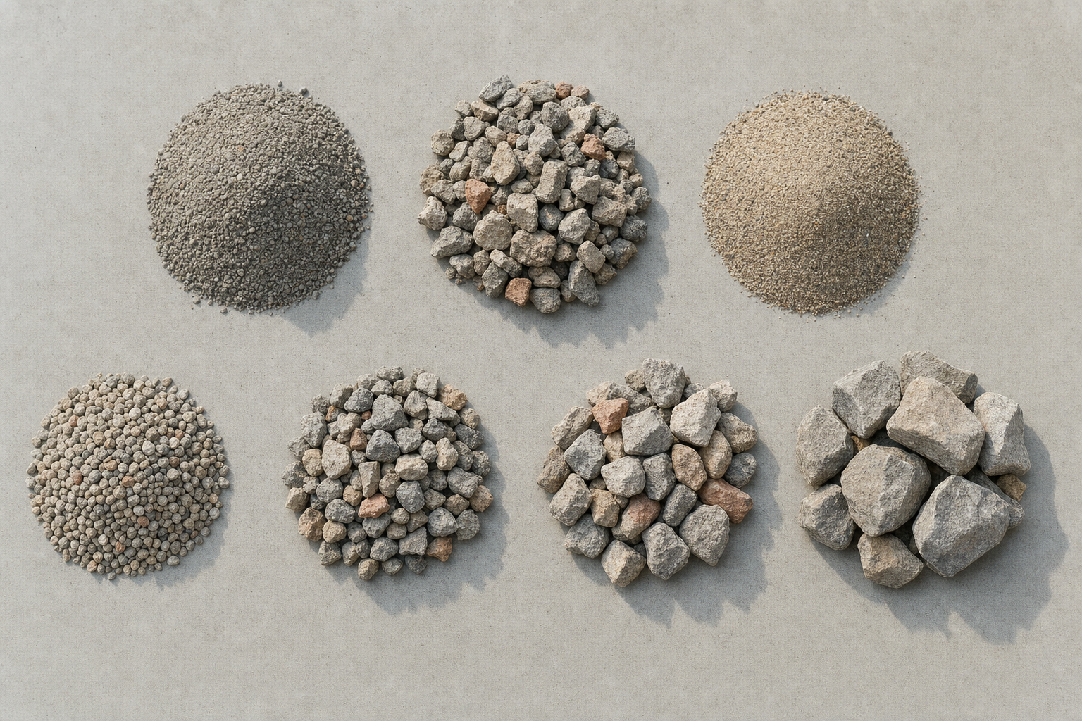 Seven piles of gravel and stones arranged by size on a grey surface.