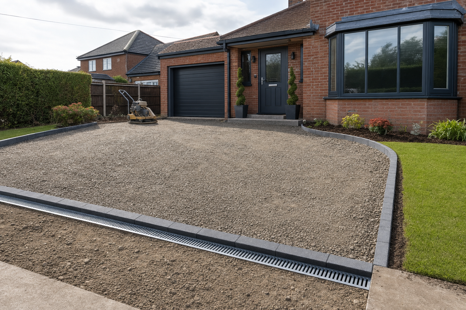 A newly gravelled driveway in front of a brick house with a compacting machine on top.