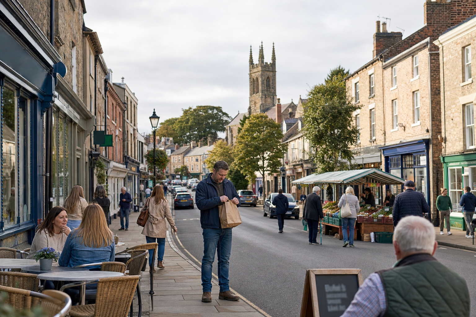 A bustling street market with people walking, shopping, and dining under a cloudy sky with a church tower in the background.