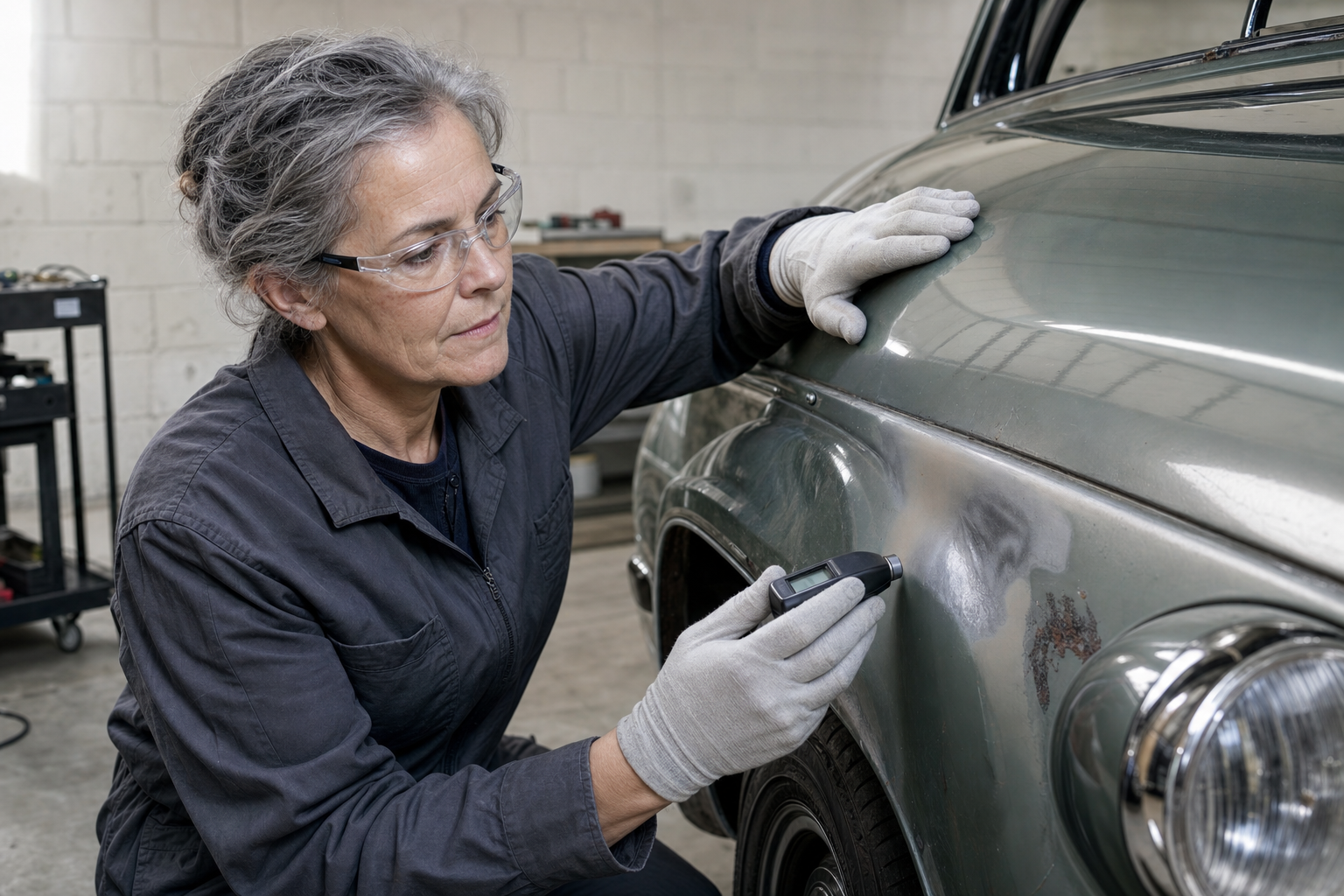 Mechanic inspecting car paint with a handheld device in a garage setting.