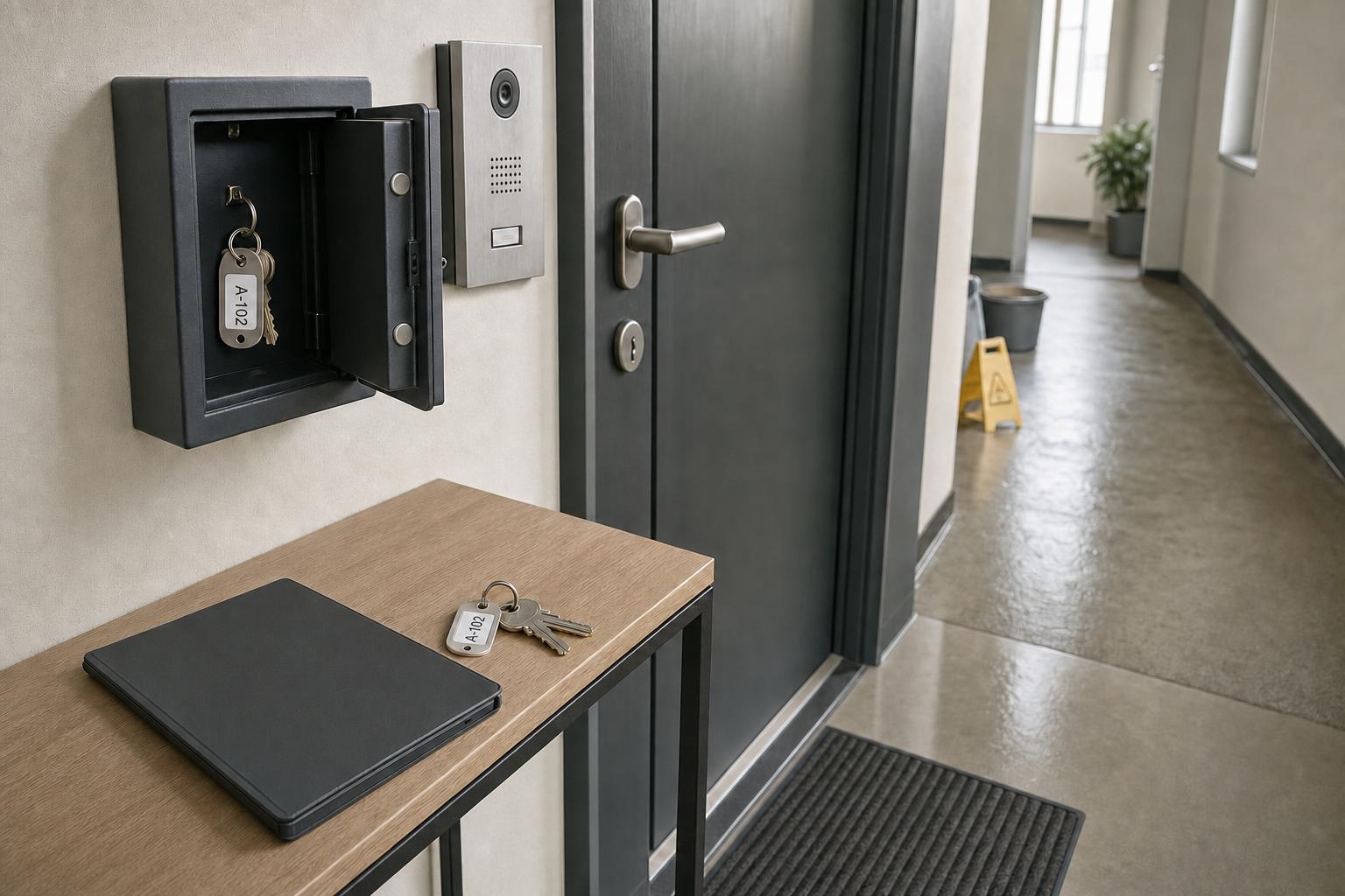 A key safe containing labelled keys is open beside a door in a hallway with a tablet and keys on a table.