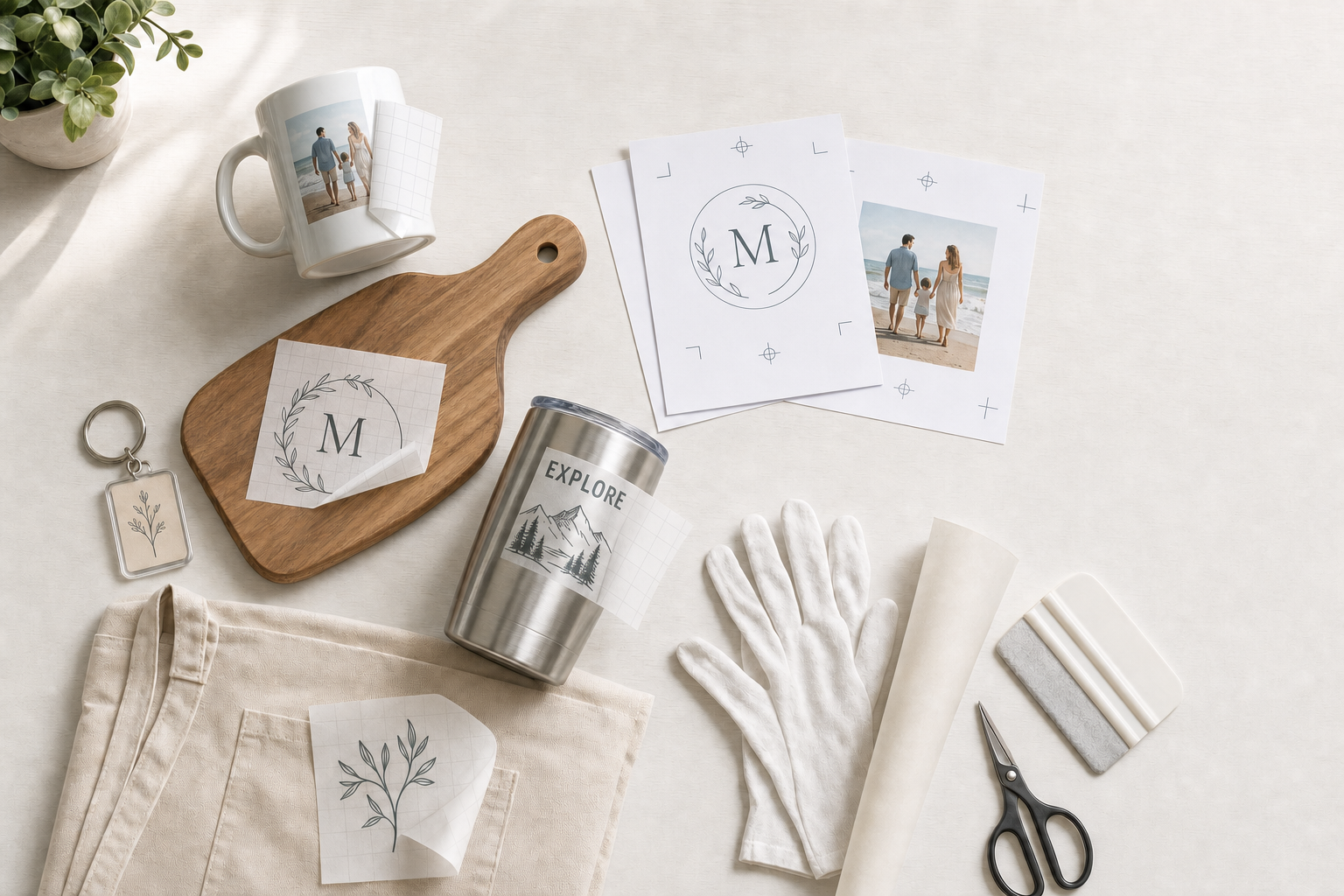 Various customised items and crafting tools arranged on a light surface, including a mug, tumbler, and keychain.
