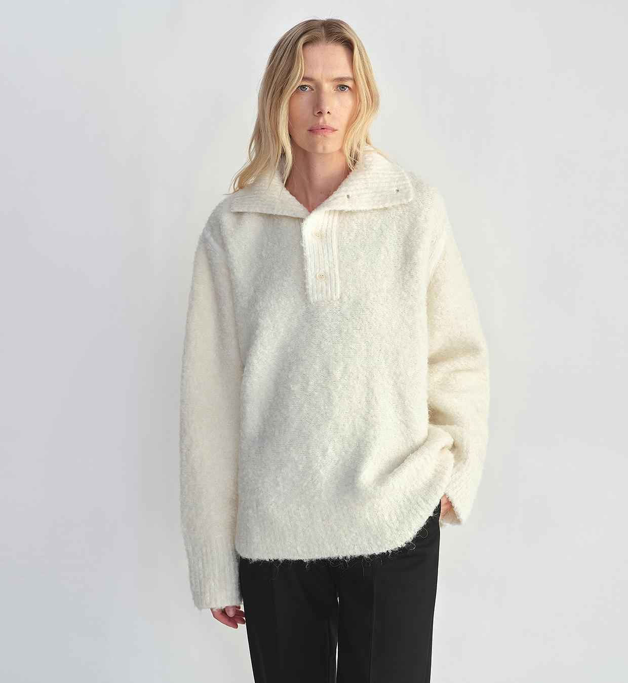 Alpaca Wool Blended Bouclé Yarn Spliced POLO Shirt Lazy and Relaxed Sweater