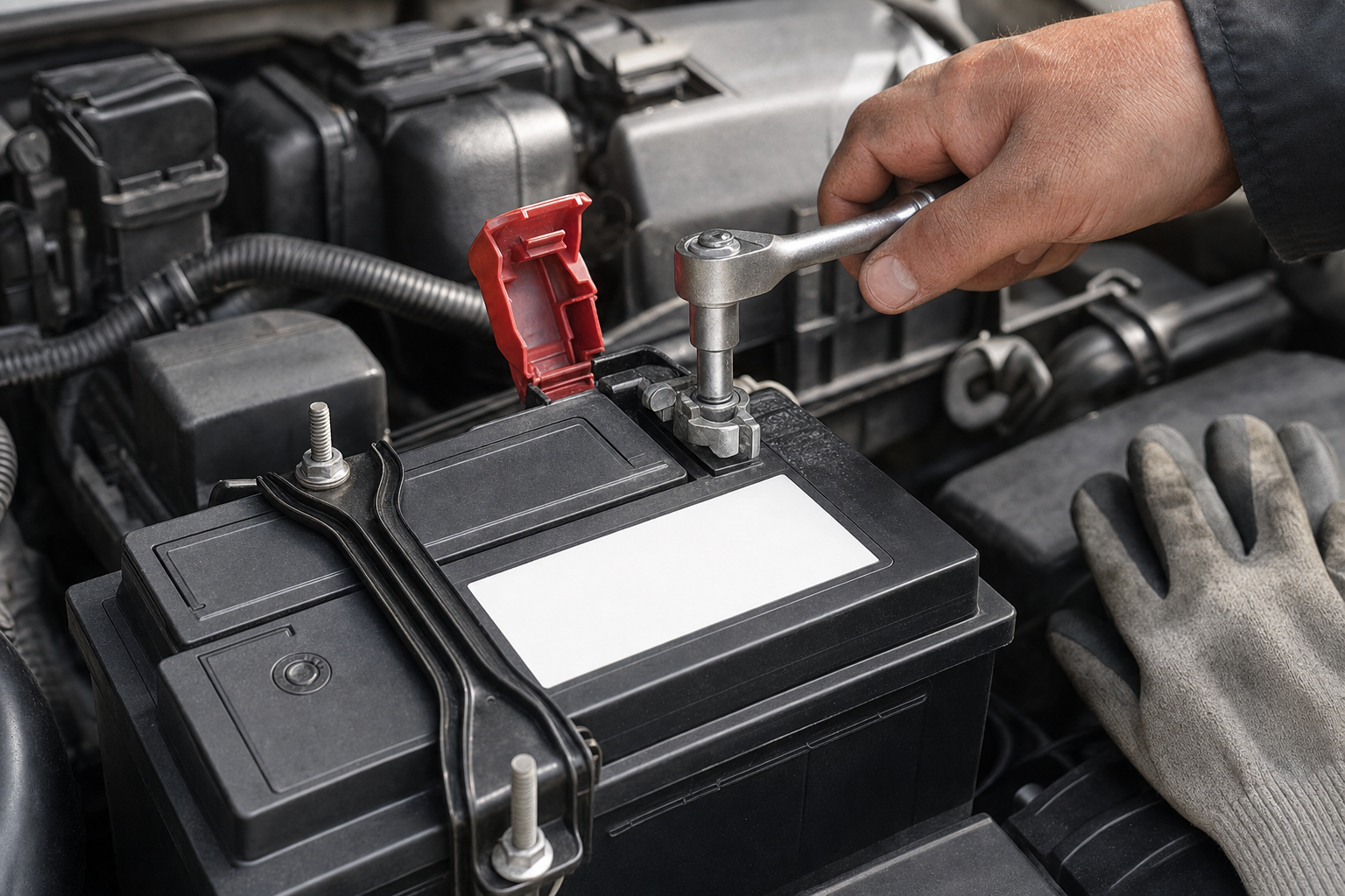 Person using a wrench to tighten a terminal on a car battery with a red cover open, gloves nearby in the engine bay.