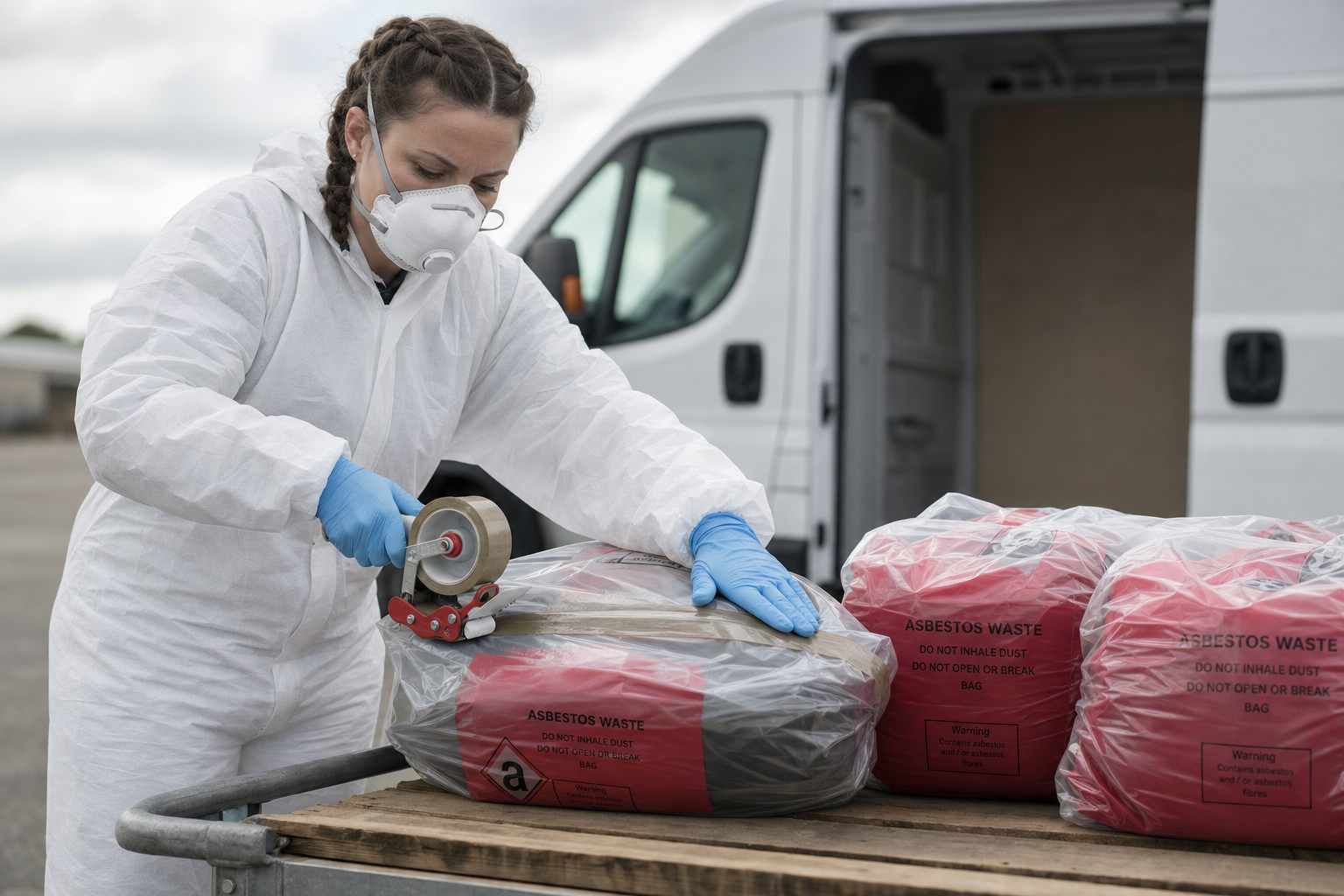 A woman in protective gear seals asbestos waste bags with tape in front of an open van.