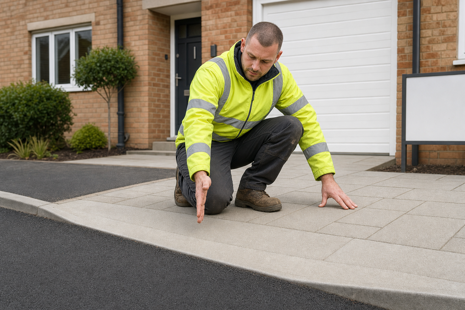Construction worker in a high-vis jacket inspects paving alignment outside a brick house.