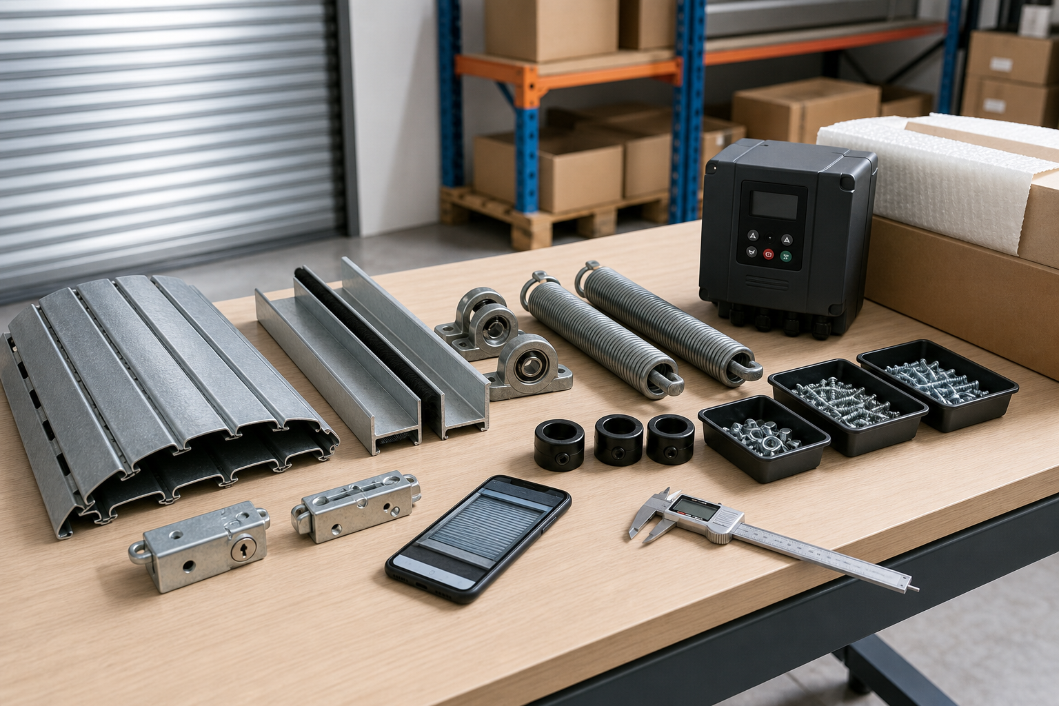 Assorted garage door components and tools arranged on a table in a workshop setting.