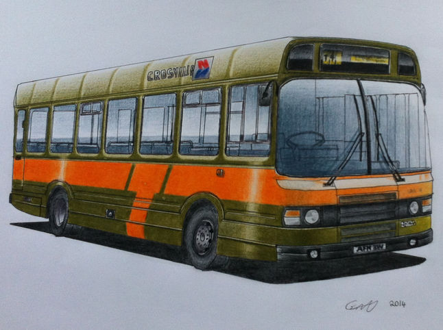 a further new pencil drawing is of a Mk2 Leyland National of Crosville Beechwood depot. Registration AFM 3W fleet number SNL3 working the T4 service in the unique Busway ."T" livery. If you have any memories of it please feel free to leave a comment.