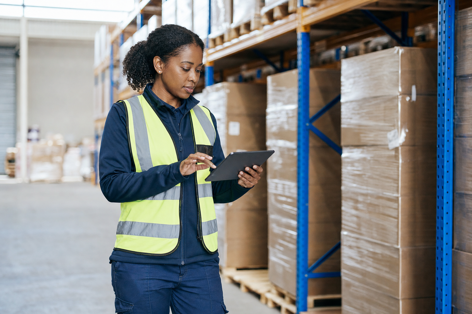 Warehouse worker wearing a high-vis jacket, using a tablet in front of stacked cardboard boxes.