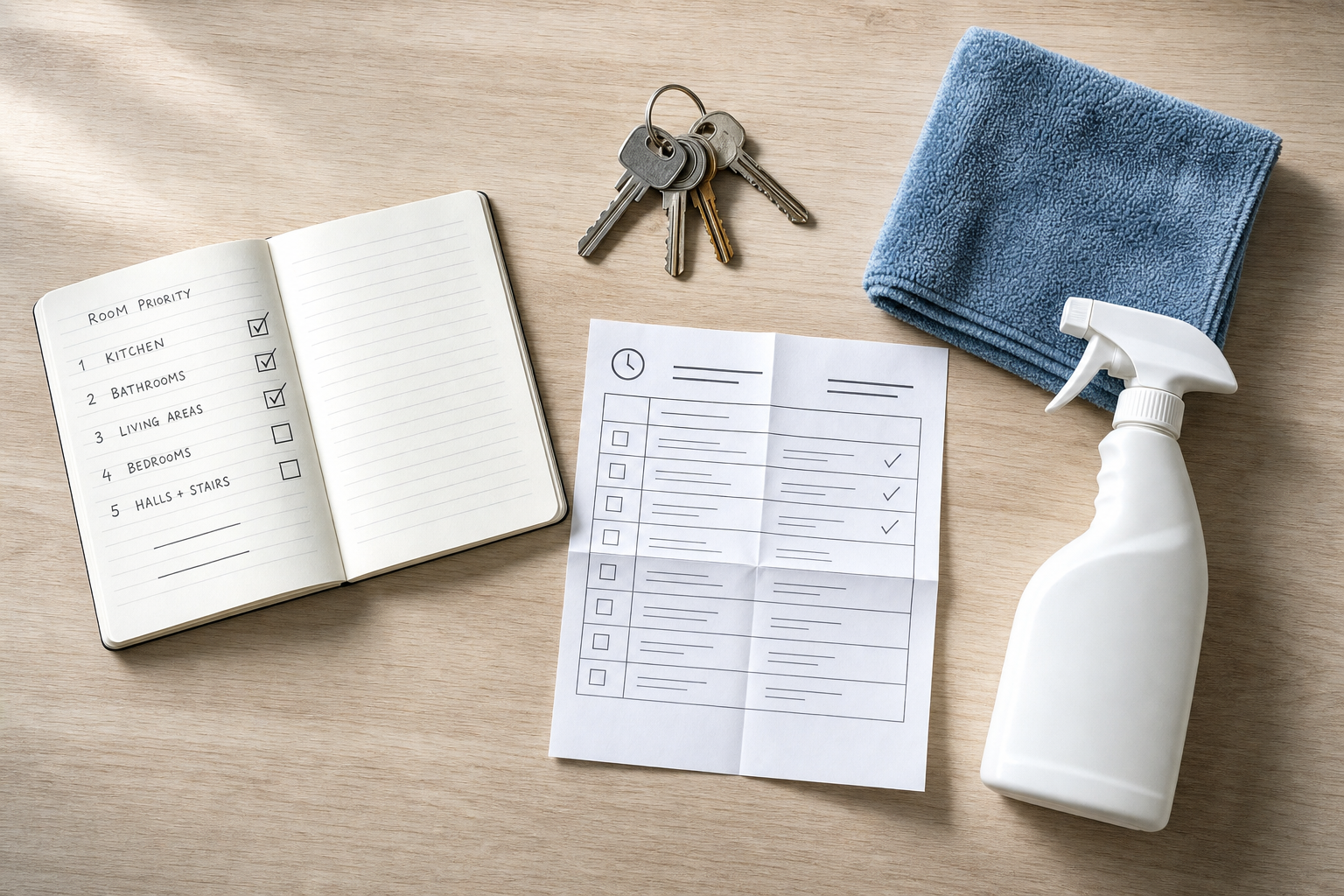 Cleaning supplies and a checklist on a wooden table alongside a notebook and keys.