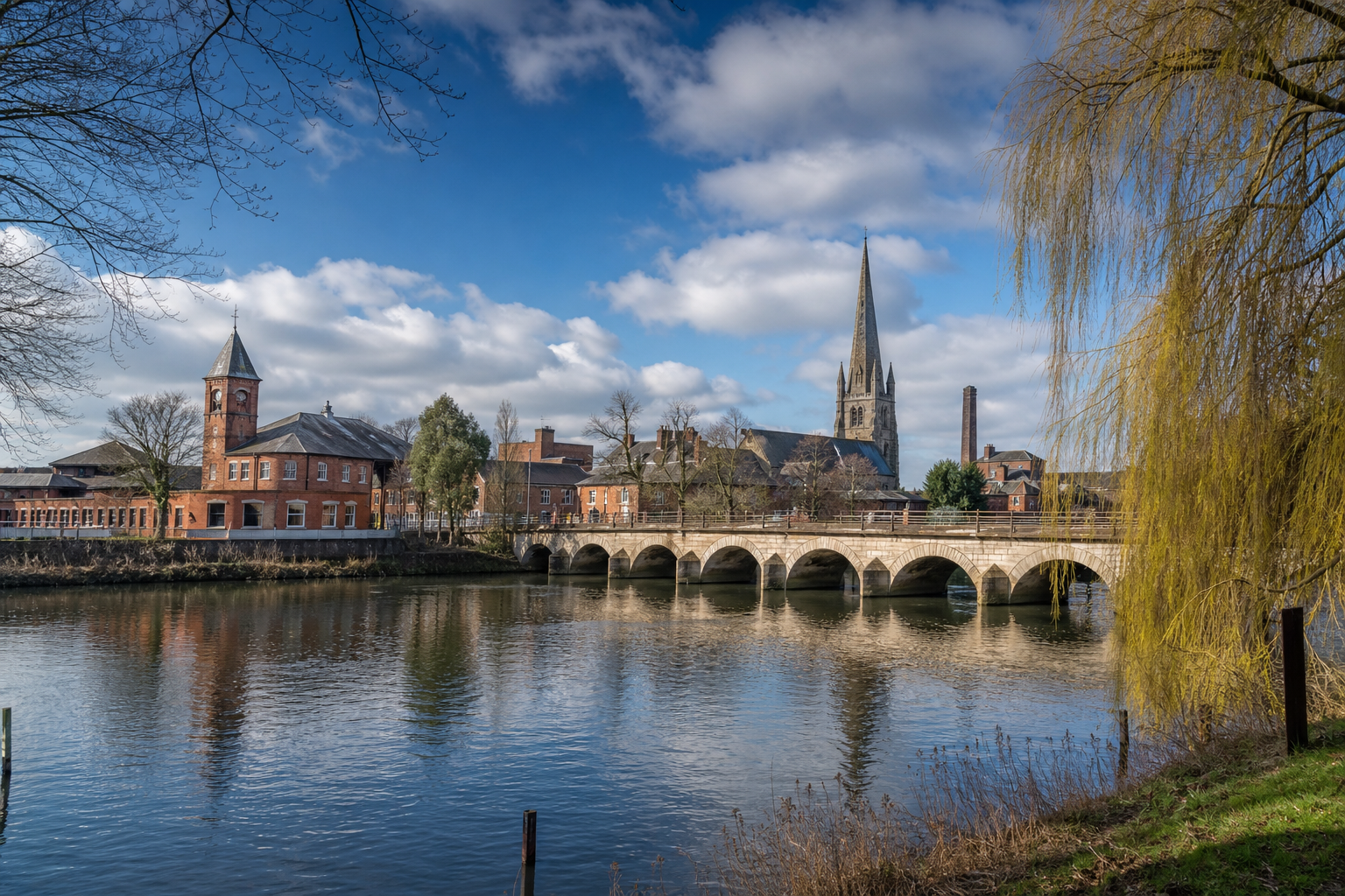 Scenic riverside view of a historic stone bridge, red brick buildings, and a church with a tall spire under a blue sky.