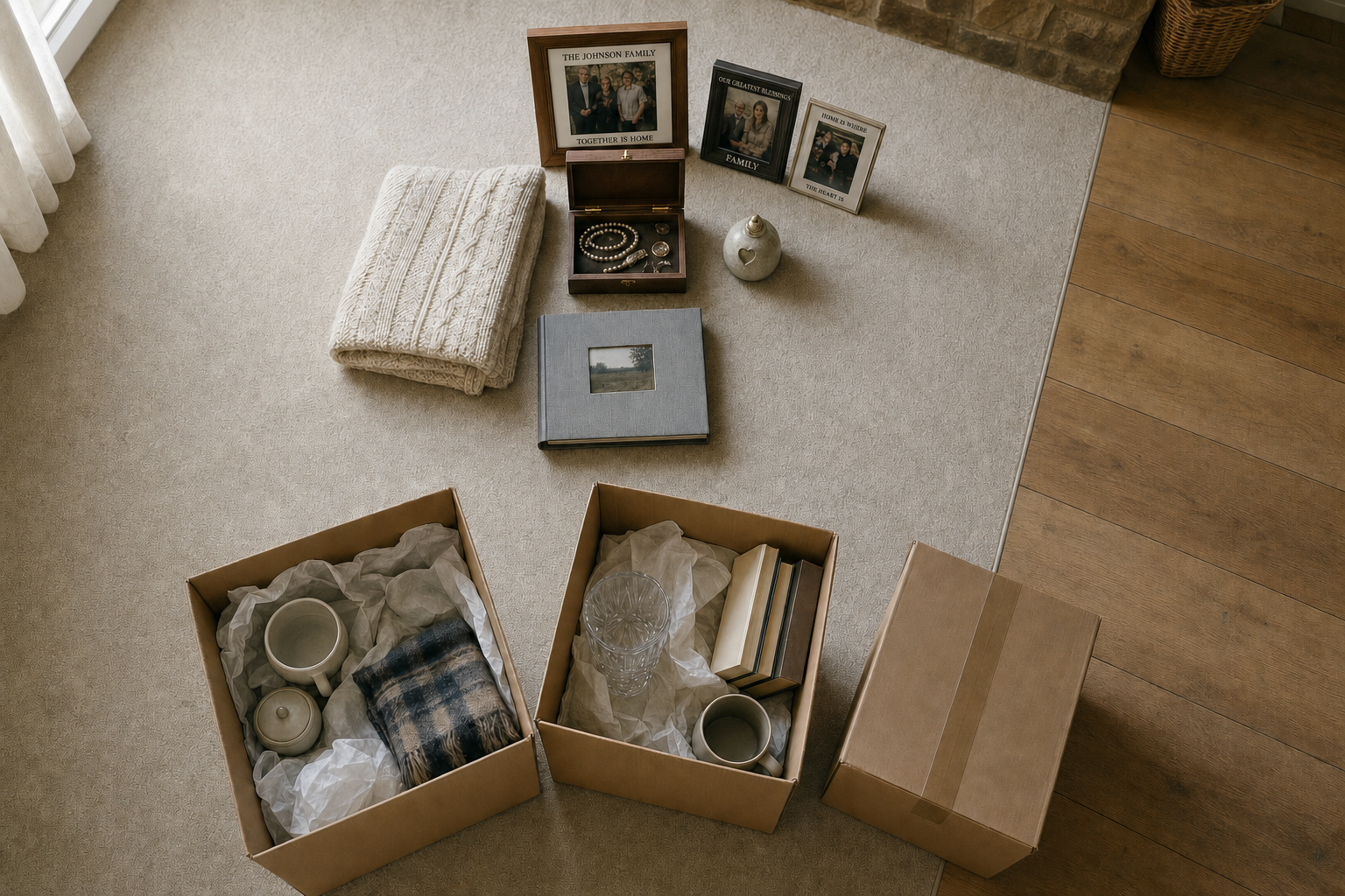 Boxes of household items and family photos arranged on a carpeted floor during a move.