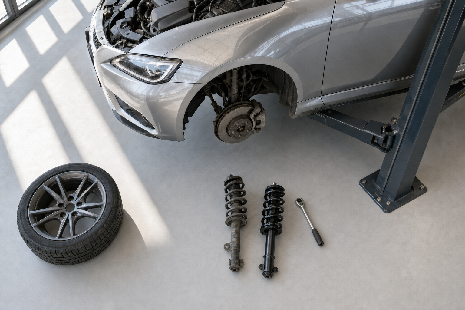 A car on a lift with a removed wheel, two struts, and a wrench on the garage floor.